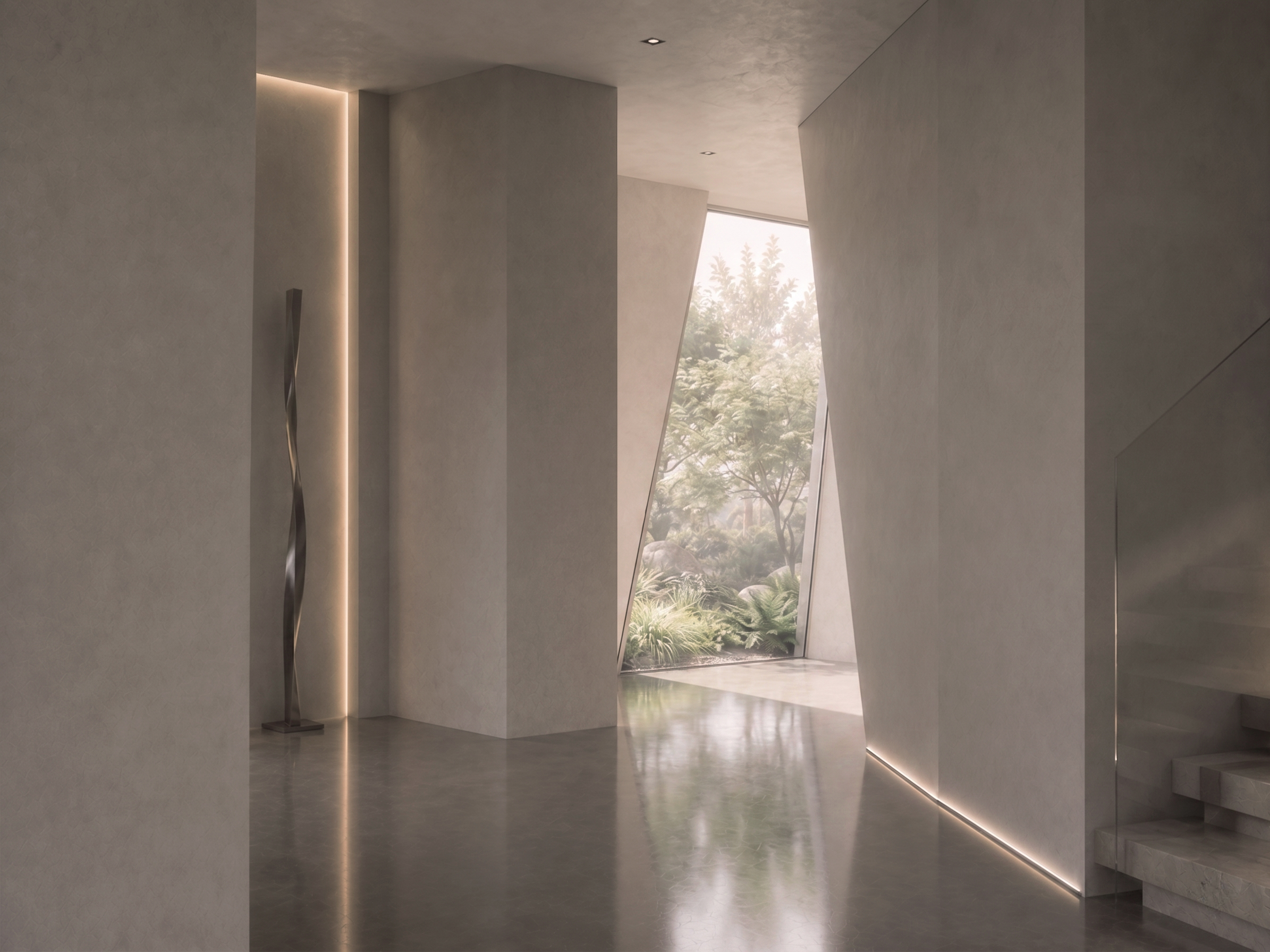 Detail — faceted stone wall against garden window