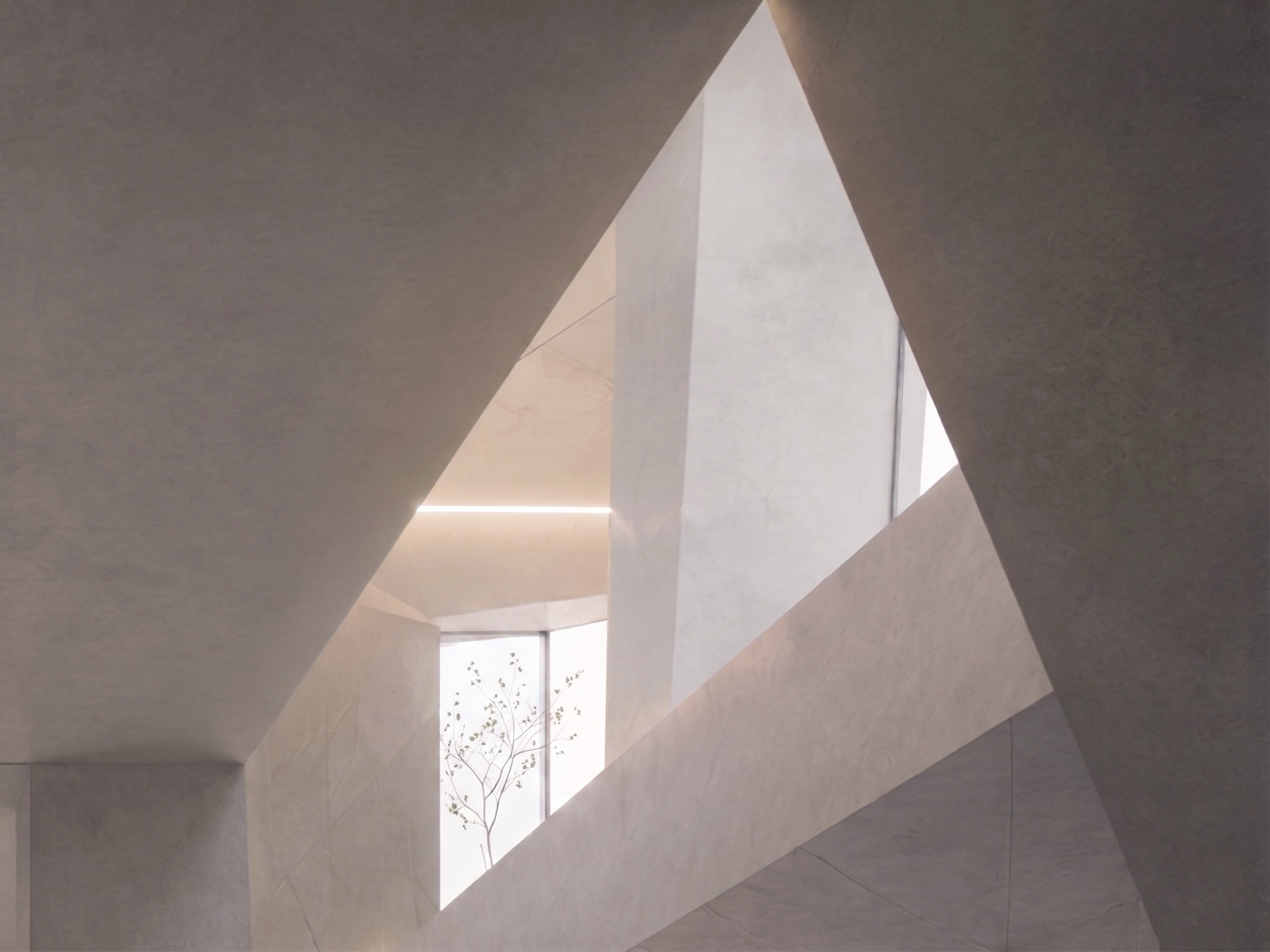 Corridor leading to a triangular garden window