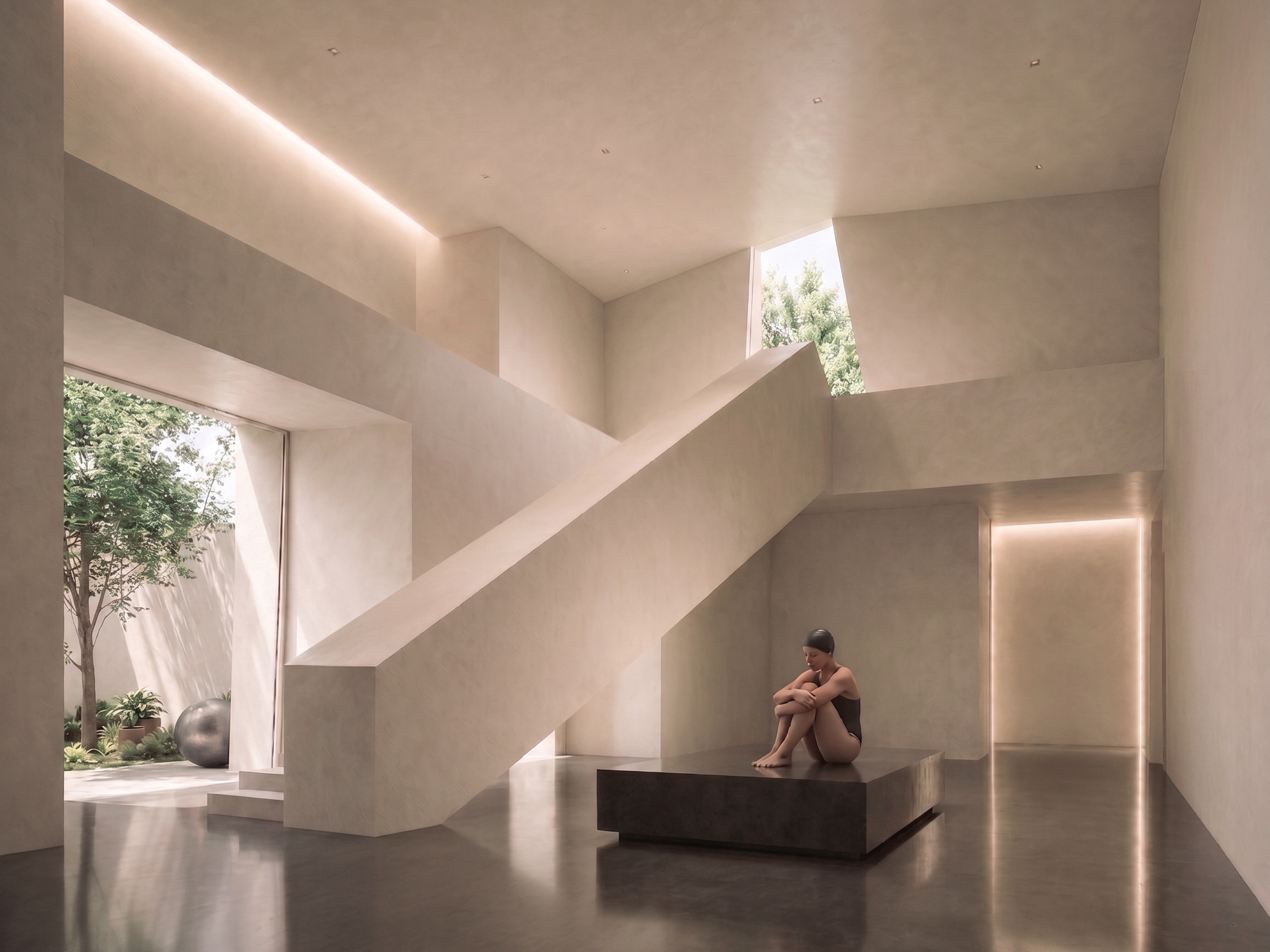 Interior hall with cor-ten steel panels and angular windows to garden