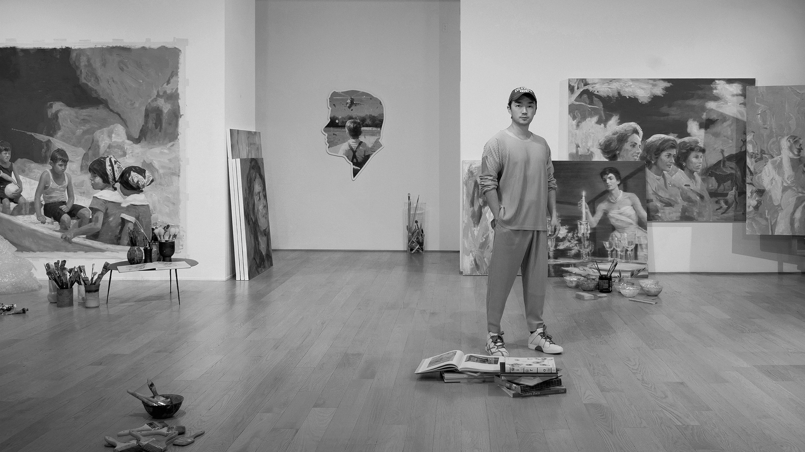 Contemporary artist Vincent Xeus in his New York studio surrounded by his paintings